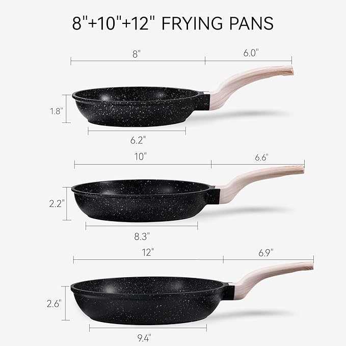 CAROTE Non Stick Frying Pan, Black 8"+10"+12" Granite Skillet Set | Healthy Non Toxic Cookware Set with Heat-Resistant Handle, Induction Compatible, Dishwasher Safe, PFOA-Free