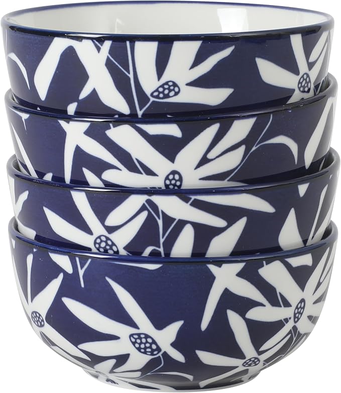 Gibson Home Ivory Estate 4-Piece Cereal Bowl Set, 5.5 Inch Round Stoneware Bowls, Blue & White Floral Pattern, Assorted Decorative Designs