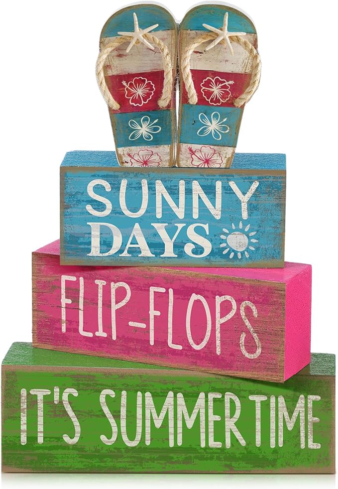 Lineshading 4 Pcs Flip Flop Beach Summer Wooden Block Signs Table Decor | Coastal Tiered Tray Decorations, Farmhouse Rustic Tabletop Display, Flip Flop Theme with Sayings Sunny Days Summertime