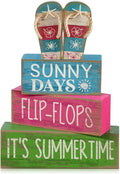Lineshading 4 Pcs Flip Flop Beach Summer Wooden Block Signs Table Decor | Coastal Tiered Tray Decorations, Farmhouse Rustic Tabletop Display, Flip Flop Theme with Sayings Sunny Days Summertime