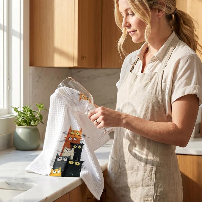 4 Pcs Cute Cat Kitchen Towels, Funny Cats Gifts Absorbent Hand Towels-05 | Cat Dish Cloths for Drying Dishes, Cats Waffle Dish Towels for Kitchen Home Bathroom Decor, Cat Lover Gifts for Women Mom
