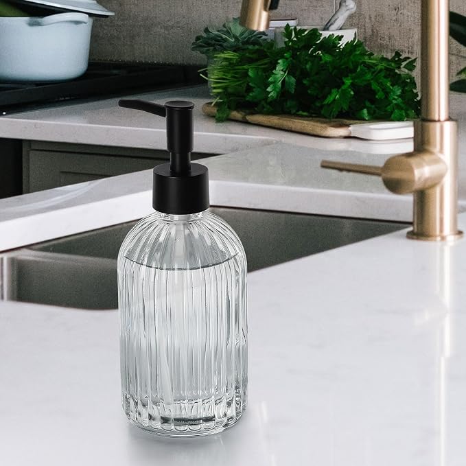 Topsky Glass Soap Dispenser with Plastic Pump, 400ml Liquid Hand Soap Dispenser, Rustproof Pump for Kitchen & Bathroom, Great for Lotions, Essential Oil, Liquid Soaps,Transparent