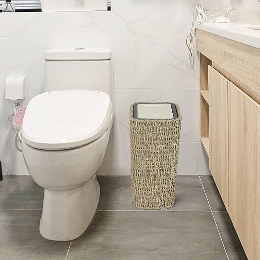 Trongee Boho Trash Can with Lid,3 Gallon Small Rattan Trash Can with Press Top Lid,Slim Wicker Waste Basket and Hamper 2 in 1 for Bathroom,Seagrass Woven Garbage Can Trash Basket for Bathroom,Kitchen