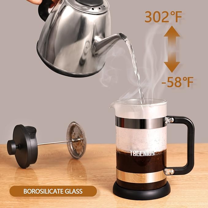 French Press Coffee Maker, 21 oz, Thickened Borosilicate Glass | Coffee Press, Thickened Heat-Resistant Glass for Cold Brew, Tea and Milk Frothing, Black