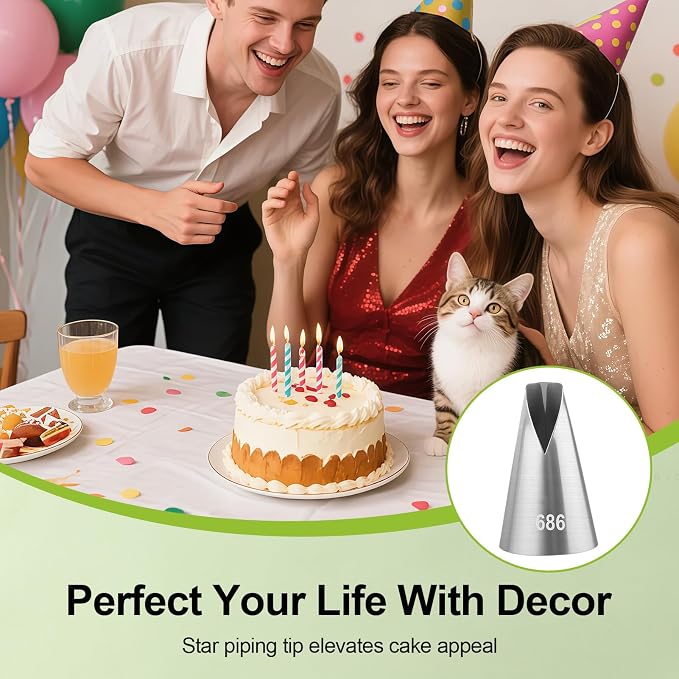 5 Pcs V-Shaped Piping Tips Set with 2 Couplers, Large Cake Decorating Tips, 304 Stainless Steel Frosting Icing Nozzles for Cupcakes, Cookies, Pastry, Dessert Baking Tools (580/686/580S)