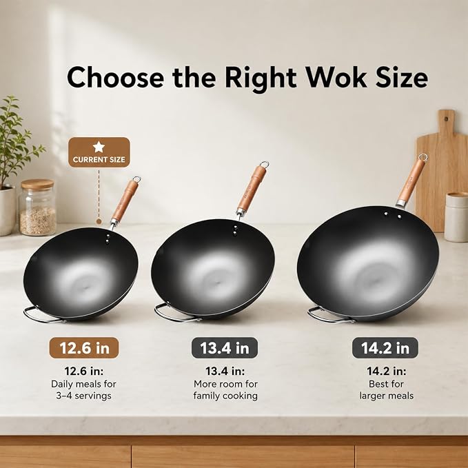 WANGYUANJI Carbon Steel Wok with Lid, 12.6 Inch Flat Bottom Wok Pan, Uncoated Stir Fry Pan with Wooden Handle, Chinese Wok for Gas, Electric, Induction & Ceramic Stoves | Uncoated Stir Fry Pan with Wooden Handle for Gas, Electric, Induction & Ceramic S...