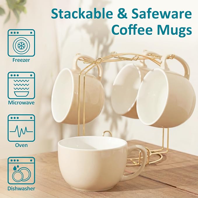 Teocera 16oz Large Coffee Mugs Set of 4 - Thick Cream Porcelain Cups for Cappuccino, Latte, Tea & Hot Chocolate - Dishwasher Safe Ceramic with Comfort Grip Handles