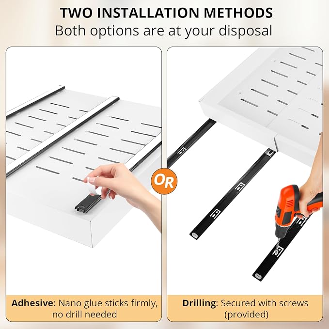 DOMNIU 2 Pack Pull Out Cabinet Organizers Expandable Width (12.4''-20.27'') | Upgrade 3 Slide Rails Sliding Drawer for Kitchen Cabinet Organizer with Adhesive Nano Film, White