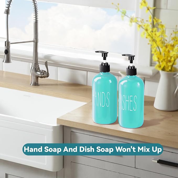 COHOSEGE Glass Soap Dispenser Set 2 Pack,16 Oz Dish Soap Dispenser for Kitchen Sink,Teal Kitchen Accessories and Kitchen Decor,Turquoise Decorations and Kitchen Utensils for Kitchen