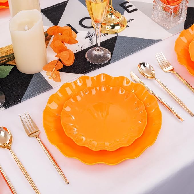 LIYH 24Pcs Orange Plastic Plates Reusable, Dinner And Salad Set For Parties | Heavy Duty Scalloped Unbreakable Tableware, Reusable Or Disposable Style For Fall Picnics, Thanksgiving, Holiday Banquets