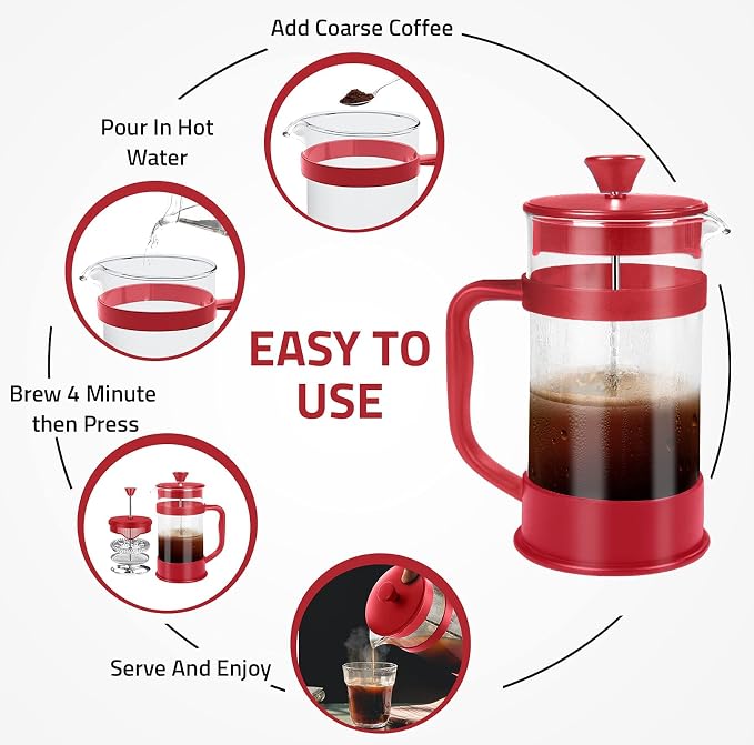 Utopia Kitchen Borosilicate Glass French Press Coffee Maker 34 Oz, Red | Heat-Resistant Cafetiere & Tea Maker, Thickened Glass Coffee Press for Travel and Camping