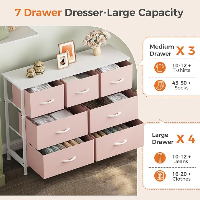 Sweetcrispy 7 Drawer Dresser for Bedroom Storage with Fabric Bins, Pink | Anti-Tip Closet Organizer, Wooden Top and Sturdy Steel Frame, Spacious Drawers for Girls Clothes Storage, Hallway Entryway