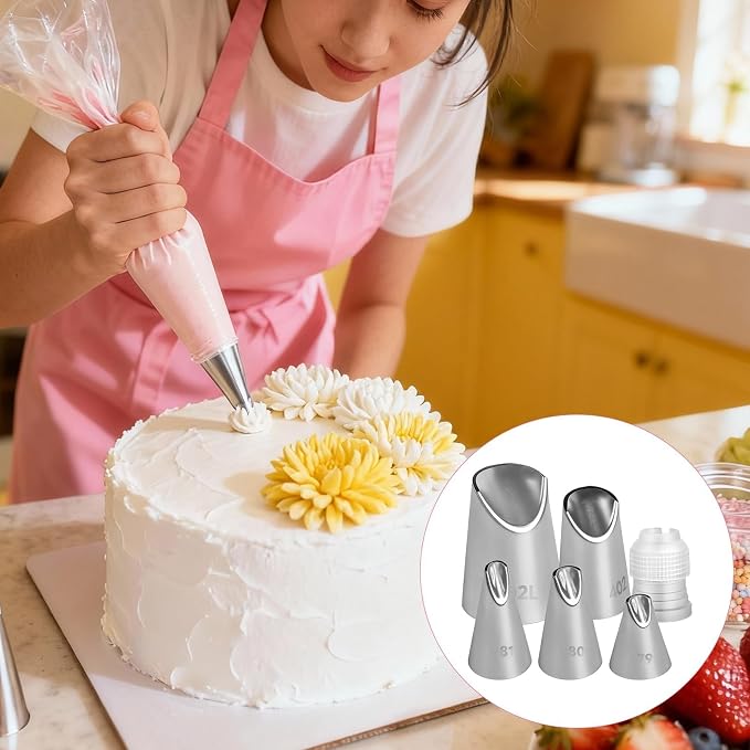 6 Pcs Cake Decorating Tips, Rose Flower Piping Tips Set with Coupler, 304 Stainless Steel Icing Nozzles for Buttercream Frosting, Cookie, Pastry, Dessert Baking for Home Bakers (79/80/81/402/402L)