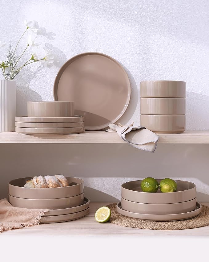 Famiware Nebula 16-Piece Dinnerware Set with Pasta Bowls, Cinnamon Brown | Stoneware Plates and Bowls, Service for 4 - Chip & Scratch Resistant, Microwave & Dishwasher Safe