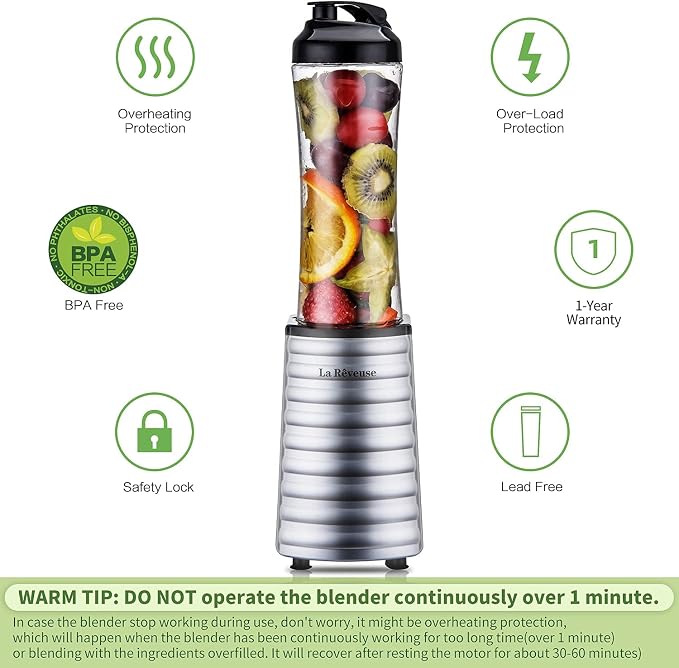 La Reveuse Personal Size Blender for Protein Shakes and Smoothies, Silver | 18oz BPA-free Portable Bottle with Spout Lid, Push to Blend, Suitable for Home, Apartment, Office, Dorm, 300 Watts, LARB1801S