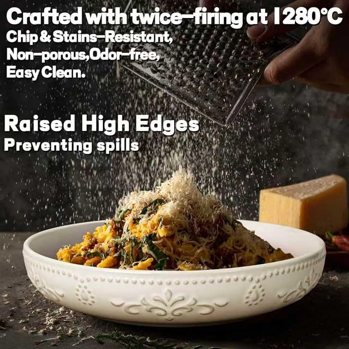 Pasta Bowls, 50oz Large Salad Serving Bowls, 9.75'' Plates Bowls Set of 4, Big White Ceramic Soup Bowls for Kitchen, Embossment Shallow Dinner Bowl, Microwave Dishwasher Safe, Multiple Patterns