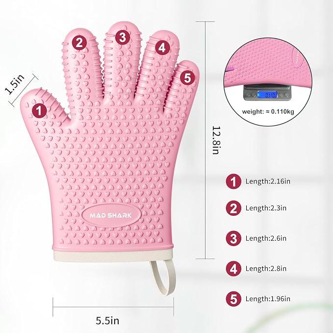 MAD SHARK Silicone Oven Mitts with Fingers Heat Resistant 450°F in Kitchen | Waterproof & Non-Slip Oven Gloves,Cotton Lined Silicone Kitchen Mitts for Baking Cooking Barbecue,Women (Pink)