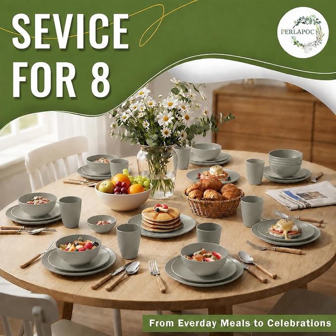 Unbreakable Wheat Straw Dinnerware Set 40 PCS - Wheat Straw Plates and Bowls Sets With Cups for 8 Dishwasher & Microwave Safe Lightweight Dish Set for Party Camping Kitchen - Grey