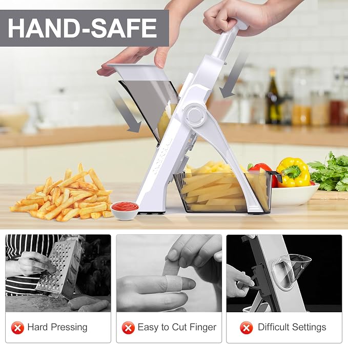 Safe Mandoline Slicer for Kitchen, Vegetable & Food Cutter (Only Slice) | Thickness Adjustable 0.1-8 mm, Potato Slicer for Chips, Easy to Clean, Storage, Kitchen Faster Slice, Dishwasher-safe (White)