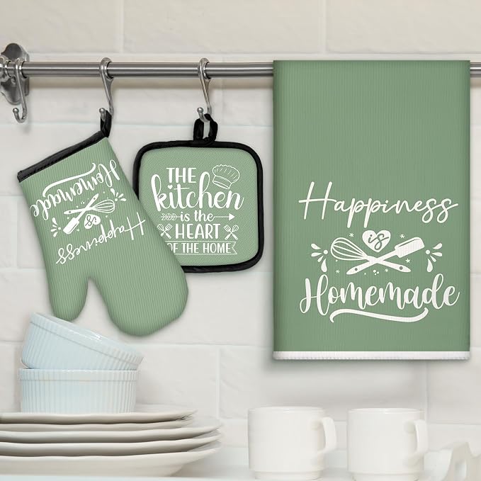 Sratte 6 Pcs Kitchen Decor Accessories Set, Kitchen, Sage Green | Farmhouse Kitchen Towels Pot Holders Oven Mitts Set 2 Dish Towels 2 Potholders 2 Cooking Mittens for Baking Cooking Supply