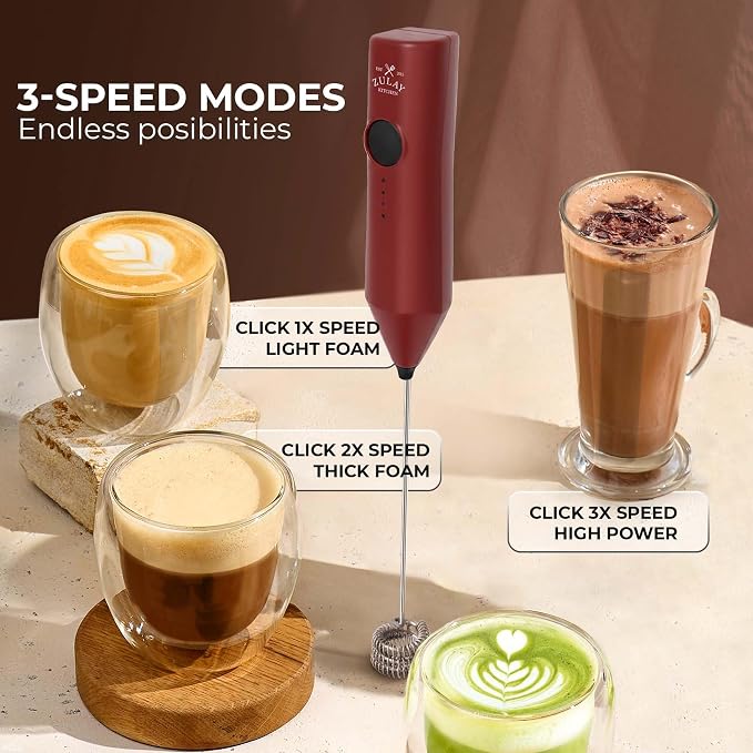 Zulay Kitchen Rechargeable Milk Frother Handheld - Frother Wand, Drink Mixer, Electric Whisk Frother, for Cappuccinos, Matcha & Protein Powder - Dynamic 3 Whisk, 3 Speed 500mAh Red Black