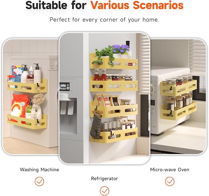 4-Pack Magnetic Spice Rack for Refrigerator with Hooks, Yellow | Strong multipurpose magnetic shelf for kitchen & bathroom organization. Includes 4 removable hooks for hanging items.