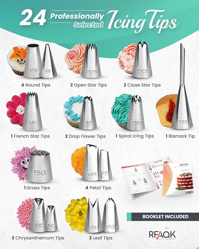 RFAQK 90PCs Cake Decorating Kit with Leveler, Baking Supplies Gift Includes Cake Stand Turntable, 24 Numbered Icing Tips, 55+1 Piping Bags, 2 Frosting Spatulas, 4 Scrappers, Video Course & Booklet
