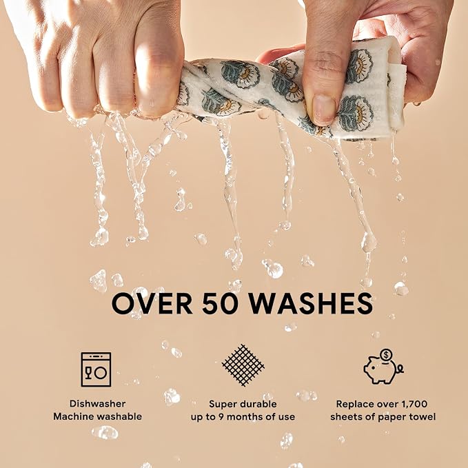 RECYCO Swedish Dishcloths for Kitchen | 5 Pack Indigo Petals Washable Dish Rags | Cellulose Reusable Cleaning Paper Towels | Absorbent Counter Dish Cloth Sponge Kitchen Wipes, 8" L x 7" W