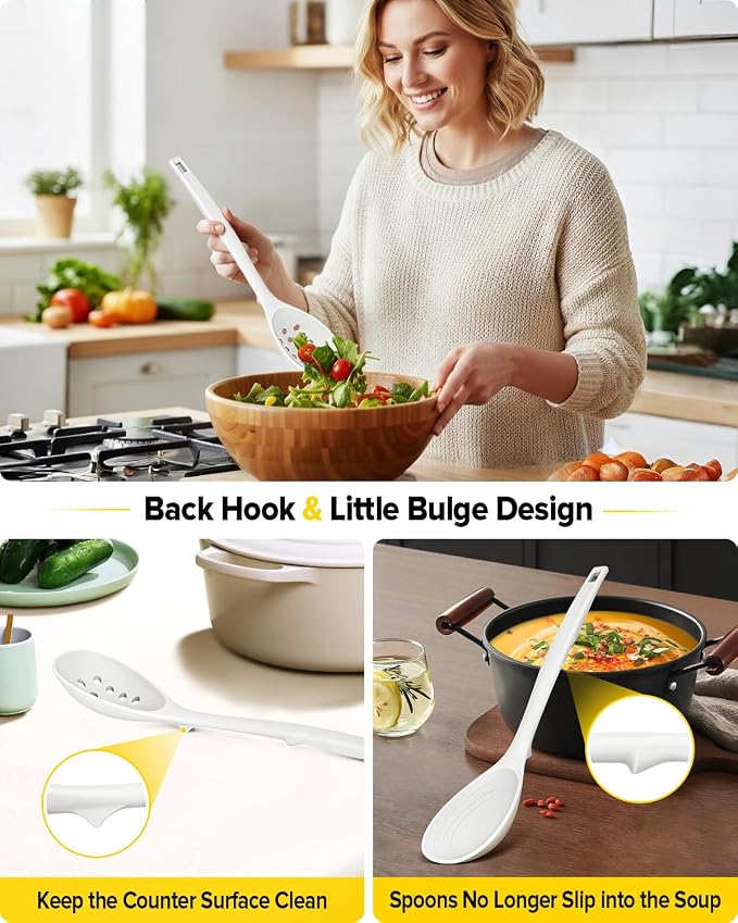 Pack of 2 Silicone Cooking Spoons, Non Stick Solid Kitchen Spoon with Measuring Marks & Back Hooks, Heat Resistant Silicone Slotted Spoon for Cooking, Mixing, Stirring,Serving (WHITE)