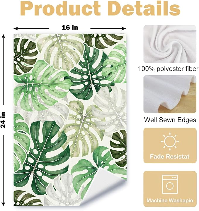 Boho Tropical Kitchen Towels Set of 2, Palm Leaf Botanical Dish Tea Towels for Kitchen Decor, Blue and Green Monstera Leaf Decorative Hand Towels for Bathroom Decor, 16x24 Inches