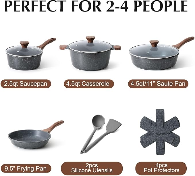 SENSARTE Nonstick Cookware Set 13-Piece, Non Stick Pots and Pans Set with Swiss Granite Coating, Healthy Kitchen Cooking Set, Stay-Cool Handles, Induction Compatible, PFOA/PFOS Free
