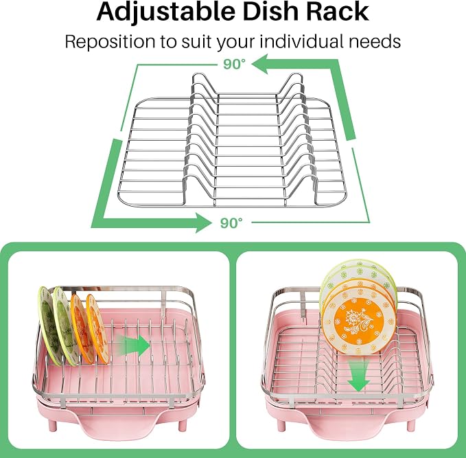 SAYZH Expandable Dish Drying Rack for Small Kitchen Counter, Pink | Stainless Steel, Protective Guardrail, Angled Drainboard, Fits High-Rim Sinks, Removable Utensil Holder