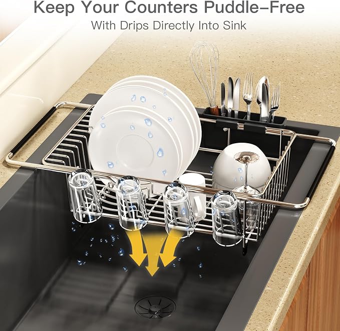 Dish Drying Rack Over The Sink with Adjustable Utensil Holder | Expandable Stainless Steel Dish Drainer for Small Kitchen, Apartment, RV, Counter Space Saving, Perfect Fit, Rustproof