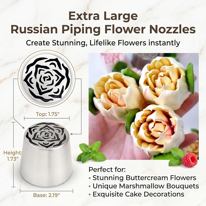 Extra Large Russian Piping Tips, 304 Frosting Tip & Reusable Cotton Bags | XL Rose Floral Piping Nozzles,Cake Flower Decoration, DIY Cream Bouquets, Cookies & Dessert Baking Tools