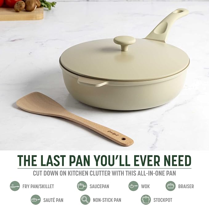 Goodful All-in-One Pan, Multilayer Nonstick Cookware Set, High-Performance Construction, Multipurpose Design Replaces Multiple Pots and Pans, Dishwasher Safe, 11-Inch, 4.4-Quart Capacity, Linen