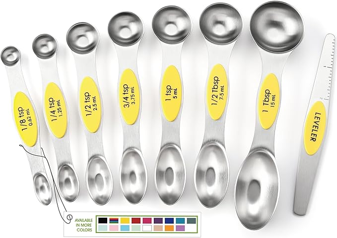 Spring Chef Stainless Steel Magnetic Measuring Spoons Set of 8, Yellow | Dual Sided Teaspoon & Tablespoon Measuring Spoons w/ Leveler for Dry & Liquid Ingredients, Measure Spoons for Baking, Cooking