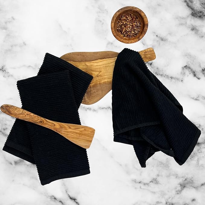 Black Kitchen Hand Dish Towels, Set of 3, 100% Cotton, 18" x 28" | Terry Loop Ribbed Textured, Soft & Absorbent Cleaning Cloth, Quick Dry, Multipurpose for Everyday Use