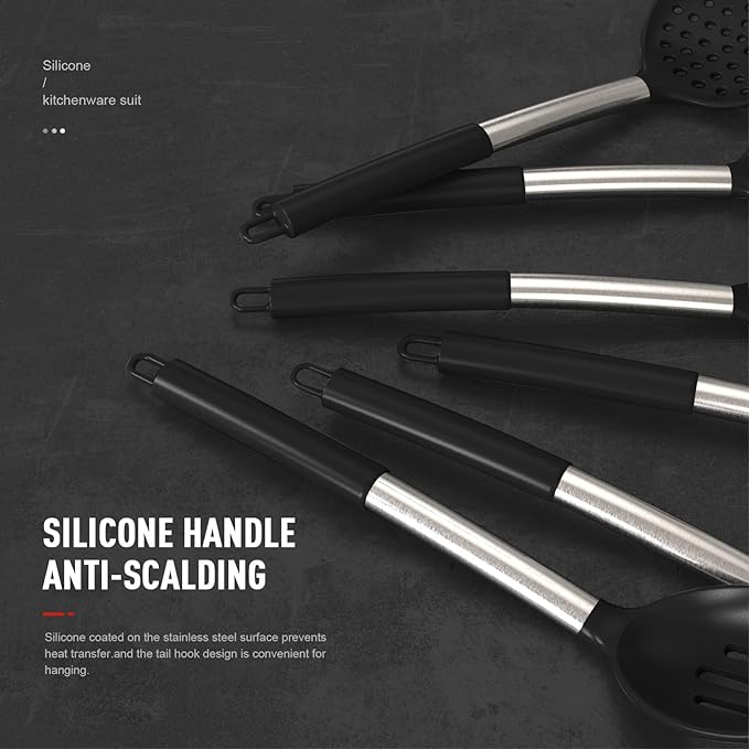 oannao Large Silicone Cooking Utensils Set - Heat Resistant Kitchen Utensils Sets,Spatula,Spoon,Turner Tongs,Whisk,Stainless Steel Cooking Utensil for Nonstick Cookware Dishwasher Safe (Black)
