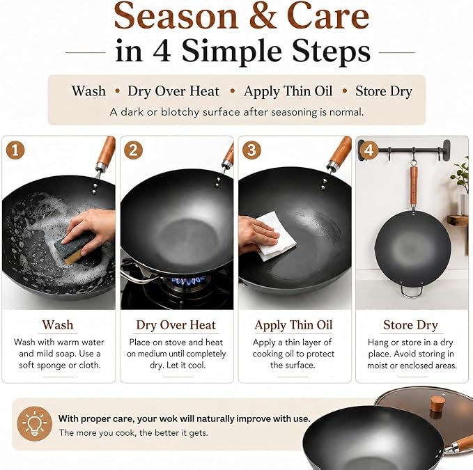 WANGYUANJI Carbon Steel Wok with Lid, 12.6 Inch Flat Bottom Wok Pan, Uncoated Stir Fry Pan with Wooden Handle, Chinese Wok for Gas, Electric, Induction & Ceramic Stoves | Uncoated Stir Fry Pan with Wooden Handle for Gas, Electric, Induction & Ceramic S...