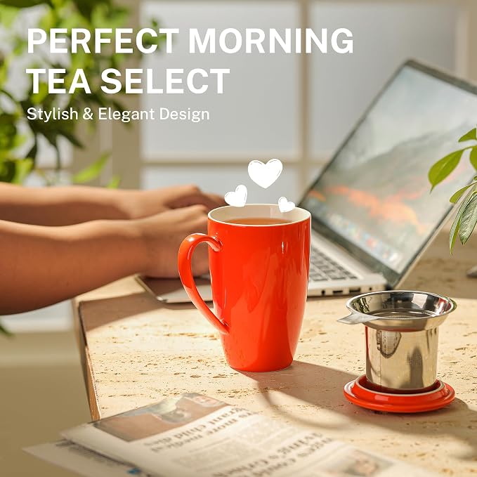 Sweese 15oz Porcelain Tea Mug with Infuser and Lid – Microwave Safe, Ergonomic Handle, Lead-Free Glaze, for Loose Leaf Tea