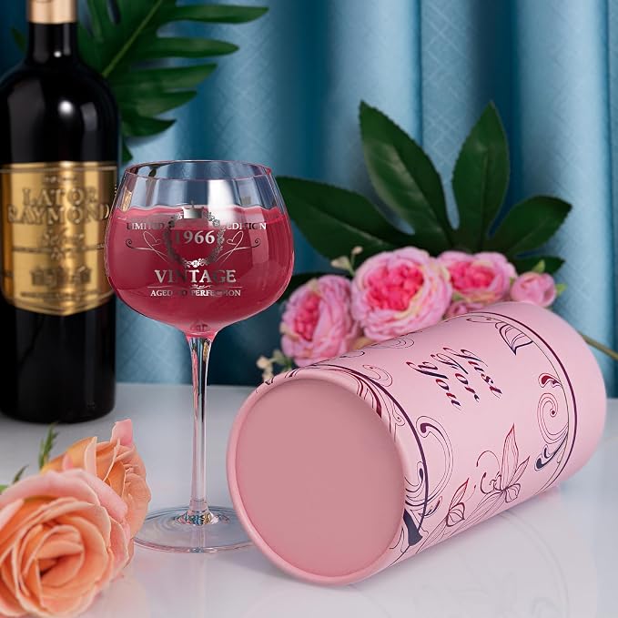 60th Birthday Gifts for Women, Vintage 1966 Engraved Wine Glass in Gift Box | Gift For Her Turning 60, Mom, Daughter, Sister, Friend, Lightweight Thin-Rimmed Glass, Elegant Design, Birthday Decoration