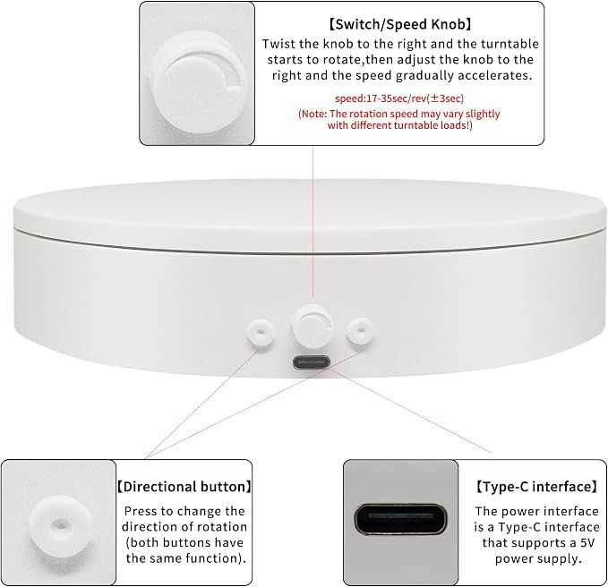Rotating Display Stand with USB Power Cable, Mute Rotating Turntable 5.9" 11lb Load, Adjustable Speed and Direction, Used for Jewelry, Shoes and Turner Glitter Cups Shooting and Display (5.9"white)