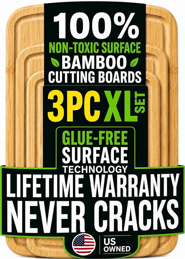 SAFEST Extra Large Bamboo Cutting Board Set of 3 with Glue-Free Surface Technology - Extra Spacious Wood Cutting Boards for Kitchen and XL Chopping Board Set - Replacements for Life