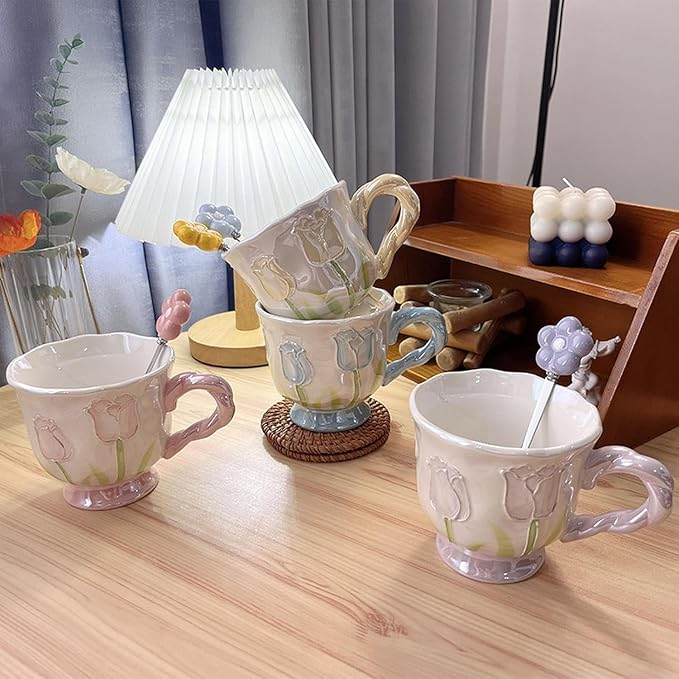DTIUYIOP-Ceramic Coffee Mug 14oz/410ml Yellow Cute Flower with Spoon | novelty coffee mug, Tulip Shaped Floral,Girly Mug with Handle, Breakfast Milk Oatmeal Cup, cute mugs for women