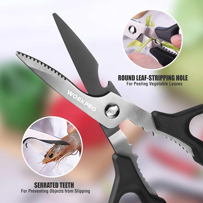 WORKPRO Kitchen Scissors, All Purpose Kitchen Shears Titanium Coated | Detachable Stainless Steel Blades, for Easy Cleaning, Heavy Duty for Meat, Fish, Nuts, Vegetables, Protective Cover Included
