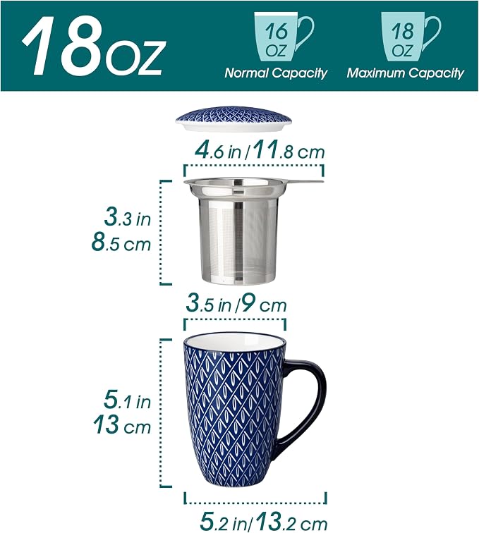 vancasso SELENE Porcelain Tea Mug, 18 oz Porcelain Tea Cup with Infuser and Lid Steeps Loose Leaf Tea, Microwave & Dishwasher Safe, Geometric Weave