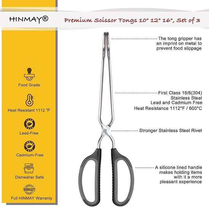 HINMAY Stainless Steel Scissor Tongs Cooking Tongs Set, Set of 3 (Black Handle, 10" 12" 16") | Black Handle