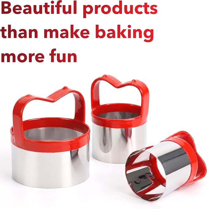 3Pcs Round Cookie Cutters with Handle, Circle Biscuit Cutter for Baking, Dough Cutter, Metal Cookie Cutters, Coated and Soft PVC for Protection