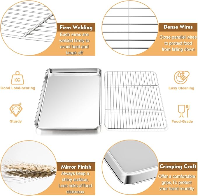 P&P CHEF 12.5 Inch Baking Sheet Pan Cooling Rack with Mat Set for Cookie | Stainless Steel Cookie Pan with Cooling Rack and Silicone Mat for Baking & Roasting, Oven & Dishwasher Safe, Easy Clean