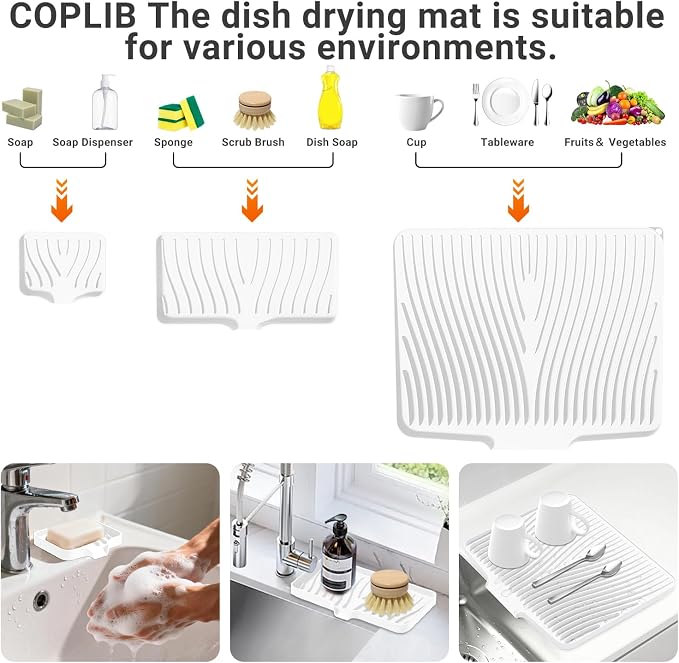 Silicone Dish Drying Mat for Kitchen counter | 19.7"x17" Dish Drainer Mat, Heat-Resistant Kitchen Counter Mat & Over-Sink Drying Tray, Can Be Hung, lvory-1Set-L